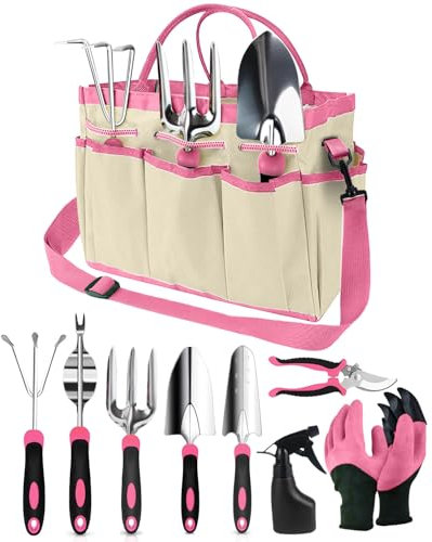 Zenmos 9 Pieces Garden Tools Set, Gardening Hand Tool with 2-in-1 Storage Bag, Garden Hand Tools with Non-Slip Handles, Heavy Duty Gardening Sets for Women & Men - Pink