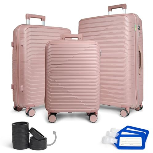 KINSTON - Set 3 Valigie Rigide in Polipropilene – Grande, Media, Cabina – Ruote 360°, Manico Telescopico, Serratura e Porta Etichetta - Rosa