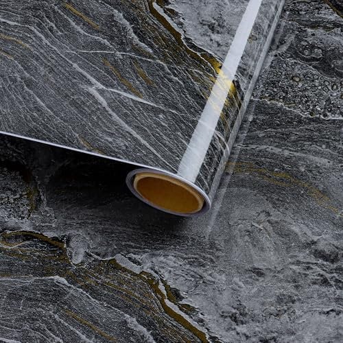 VaryFloral Gold Black Peel and Stick Wallpaper 30cmx300cm Marble Vinyl Wrap Glossy Sticky Back Wallpaper Vintage Contact Paper Marble Effect Kitchen Worktop Vinyl Wrap Self Adhesive Wrap for Cabinets