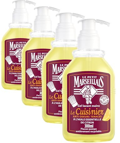 Le Petit Marseillais – Gel Lavant Mains Le Cuisinier (flacon-pompe de 300 ml) – Savon mains liquide anti odeurs tenaces à l'huile essentielle de citron – 92% d'origine naturelle (Lot de 4)