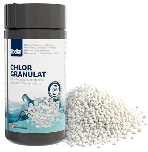 Belko® Chlorgranulat für Pool 1kg, schnelllöslich zur Schnellen Anhebung des Chlorgehaltes, Sichere und schnelle Desinfektion - für Pools, Aufstellpools, Whirlpools, Planschbecken