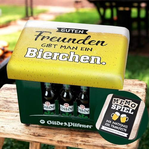 CULT at home Bierkasten Aufsatz gute Freunde - Bierkastensitz inkl Bierdeckel Memospiel - Sitzauflage für Bierkiste Getränkekiste - Hocker Gartenhocker für Balkon Camping Grill Geschenk Vatertag