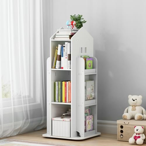 3 Tier Rotating Bookshelf Children's Bookcase Bookshelves with Storage Space, Castle 360° Kids Bookshelf and Shelving Units Free Standing Revolving Bookcase for Living Room Study Playroom, White