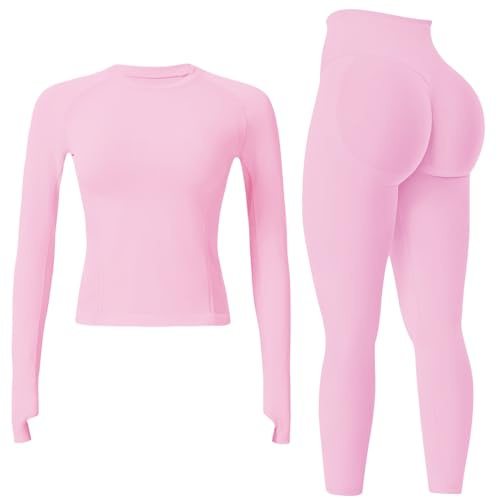 JN JANPRINT Nahtlose Fitness-Sets für Damen, 2-teilig, langärmelig, Top, versteckte Scrunch-Leggings, Yoga-Outfits, Trainingsanzug