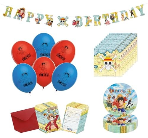 Chaks - Kit de One Piece niños, accesorios para fiestas de cumpleaños | Set oficial de decoración para fiesta de One Piece con platos, servilletas, globos, invitaciones y guirnalda