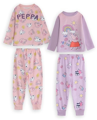 Peppa Pig Pyjama-Set für Mädchen mit Schweinchen-Motiv, rosa und lila, langärmelig und langbeinig | Nachtwäsche mit Cartoon-Motiv für Schlafenszeit und Übernachtungen | Bequemer Kinderpyjama