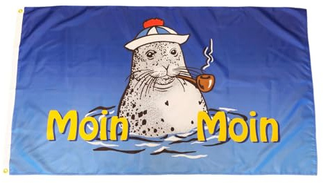 Fahne Flagge Moin Moin Seehund mit Mütze und Pfeife - 90 x 150 cm