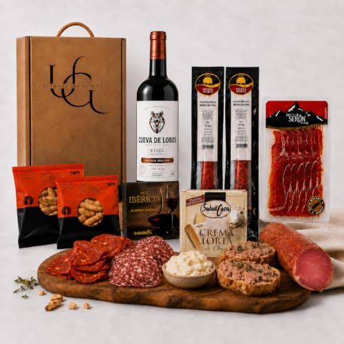 UNIVERSO GOURMET | Cesta Gourmet para Regalar | Vino DO.Rioja | Embutidos Ibéricos Bellota | Jamón Gran Reserva y Taco Lomo Duroc | Pate Pedro Ximenez y Queso Crema Torta Oveja y Picos Pan Artesanos