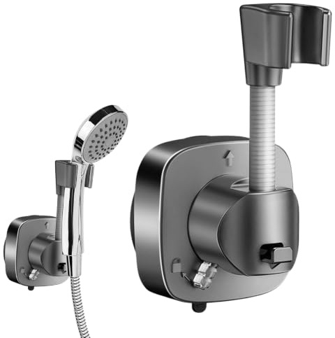 Suction Cup Shower Head Holder - 360 Degree Adjustable Adhesive Shower Head Hanger with Hook, No-Drill Wall Mount Shower Bracket for Handheld Showerheads, Grey