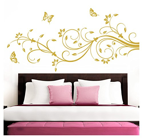 Grandora Wandtattoo XXL Blumenranken Schmetterlinge Blumen I Gold (BxH) 90 x 39 cm I Schlafzimmer Liebe Flur Wohnzimmer modern Aufkleber Wandaufkleber W1073
