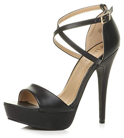 Ajvani Womens Ladies Platform high Heel Peeptoe Cross Over Strappy Shoes , Black Matte, 6 UK