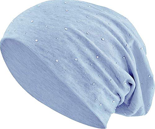 Jersey Baumwolle elastisches Long Slouch Beanie Unisex Herren Damen mit Strass Stern Steinen Mütze Heather in 35 (7) (Heather Light Blue)