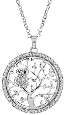 Ouran Fashion Halskette für Frauen, Baum des Lebens mit Eule Anhänger Halskette Mädchen CZ Kristall Halskette Lange Halskette Glänzende Strass Halskette (Versilbert)