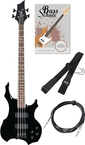 Rocktile Pro BB104-B BattleBone E-Bass Set - E-Bass im Heavy-Design mit 2 Tonabnehmern & 2 Tonreglern - inkl. Gitarrengurt, Kabel & E-Bass Schule - Schwarz