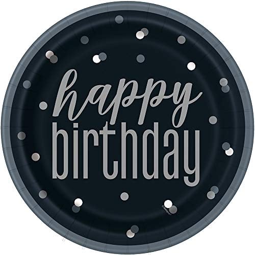 Unique Party 83587 Black Birthday Round Dinner Plates, 9 Disposable | 8 Pcs, Happy, 8 Count (Pack of 1)
