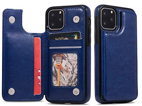 UEEBAI Case for iPhone 11 Pro, Luxury PU Leather Case with [Two Magnetic Clasp] [Card Slots] Stand Function Durable Shockproof Soft TPU Case Back Wallet Cover - Blue