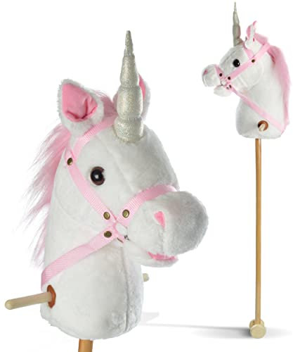 Pink Papaya Cavalluccio con Bastone, Einhorn, splendido Cavallo Giocattolo di Peluche con Funzione Sonora: nitrito e Suono del Galoppo - Colore: Bianco con criniera Rosa