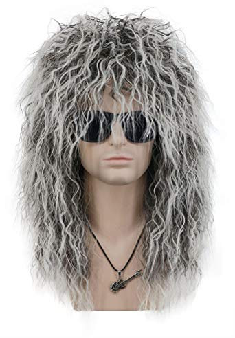 VGbeaty Vokuhila Perücke Lange Locken Glam Punk Rock Perücke für Männer und Frauen Grau Farbverlauf Weiß Halloween Kostüm Perücke