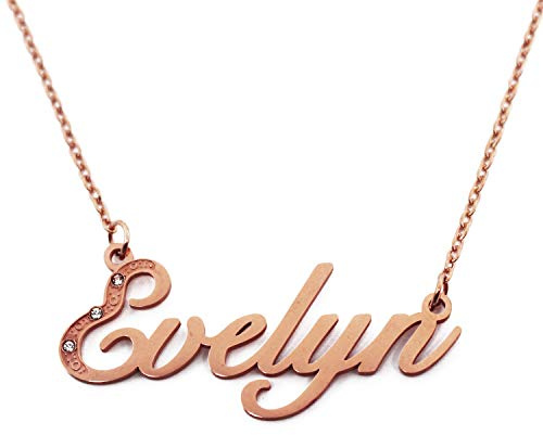 Kigu Evelyn Collier Prénom Personnalisé Plaqué Or Rose Cristaux Inc, Pendentifs Nom Dainty Personnalisés, Bijoux pour Dames, Petite Amie, Mère, Sœur, Amis Inc Sac & Boîte