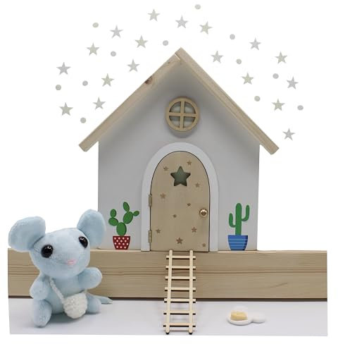 Qué Kawaii® Casita mágica rodapié con Puerta QUE SE ABRE!!! y BRILLA, Peluche mágico del Ratoncito Pérez para Personalizar con bandolera (hecha a mano) y Ventana Que Brillan en la Oscuridad