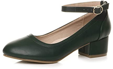 AJVANI Low mid Block Heel Mary Jane Casual Buckle Court Shoes Size 6 39 Green Matte