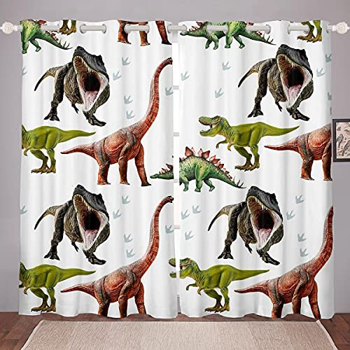 Loussiesd Dinosaurier Fenstervorhang Schlafzimmer 175x140cm Kinder Jungen Dino drucken Blickdichte Vorhänge Dekorde Karikatur Dinosaurier Vorstehen Tiere Thema Mädchen Jugendliche Vorhang 2er Set