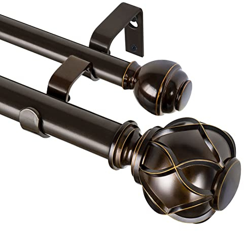 KAMANINA 1 Inch Double Curtain Rods 72 to 144 Inches (6-12 Feet) Telescoping Heavy Duty Drapery Rod for Windows 66 to 120, Netted Texture Finials, Antique Bronze, Fewer Rods, Easier Install