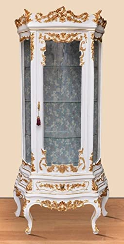 Casa Padrino Barock Vitrine Weiß/Gold - Prunkvoller Barock Vitrinenschrank mit Glastür und Schublade - Handgefertigte Barock Wohnzimmer Möbel