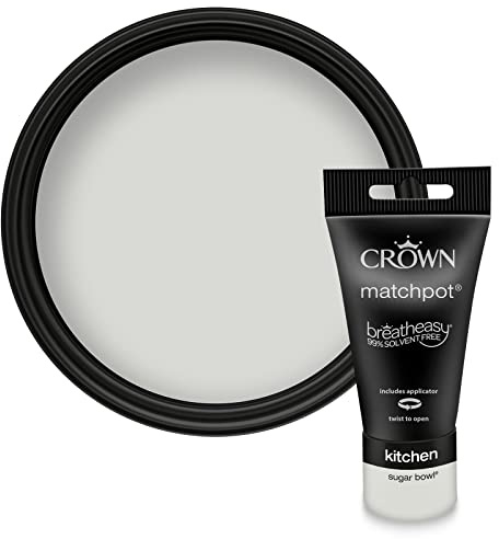 Crown EASYCLEAN KITCHEN Mid Grey Matt Paint Tester Pot - Sample 40ml | Try Sugar Bowl before you buy. Stain resistant matt wall paint sample walls, ceilings, wood & metal. Low VOC