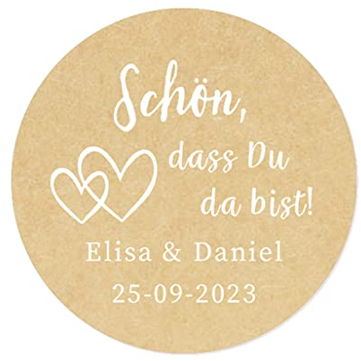 50 PERSONALISIERT 40mm Doppelherz Aufkleber - Schön, dass du da bist! Papieraufkleber Hochzeit Gastgeschenke Etiketten für Tischdeko,Tüten, Briefen, Einladungen - Rd 016 (003)