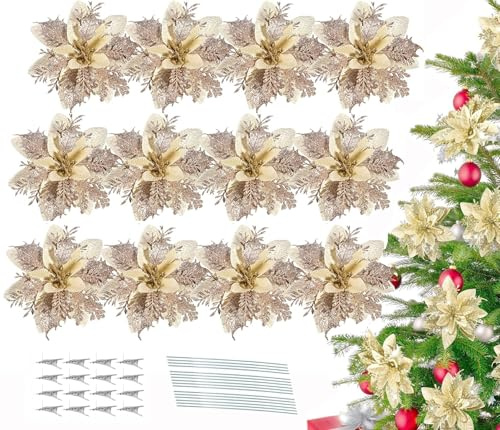 Guidre 16 Stück Weihnachten Glitzer Weihnachtsstern Blumen mit Clips, Poinsettia Weihnachtsblume Glitzernde für Weihnachtsbaum Dekorationen,Hochzeit Weihnachtsbaum Neujahr Ornamente (Champagner)