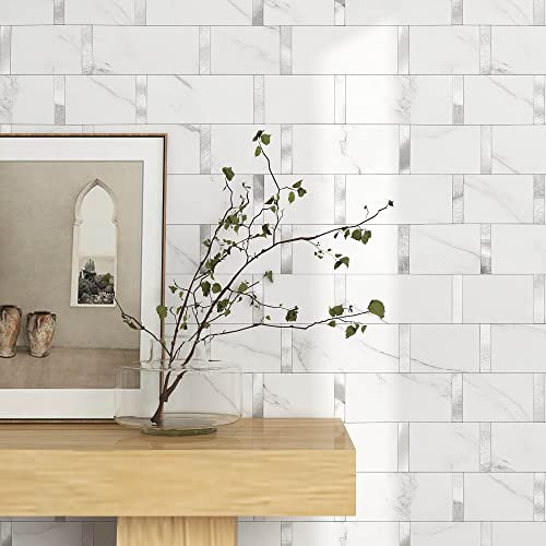 MOFIT Carreaux muraux autocollants mats en métal 3D et marbre résistants à la chaleur pour cuisine, métro, salle de bain (blanc argenté, 5 carreaux)