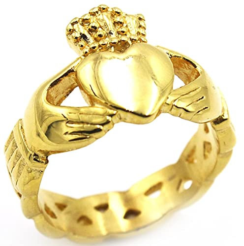 Aotiwe Ringe Herren Vintage, Schmuck Herren Edelstahl Goldener Claddagh Ring mit Krone und Herz Größe 70 (22.3)