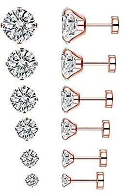 20g Rose Gold Plated Stainless Steel CZ Helix Studs Earrings for Women Men Body Piercing Cartilage Ear Cubic Zirconia Piercings Tragus Flat Screw Backs Jewelry 0.8 * 6 2/3/4/5/6/7mm 6 Pairs Set