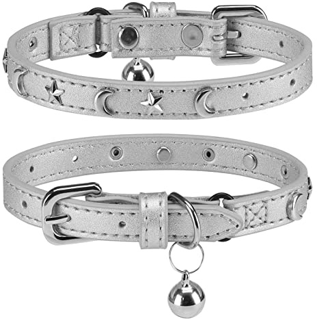 Leather Cat Collars for Boy Girl Cats with Bell and Safety Elastic Belt, Personalized Star and Moon Stud Adjustable Safe Buckle Collar for Kitty Small Big Cats Size 8-12 Inch, Silver Grey