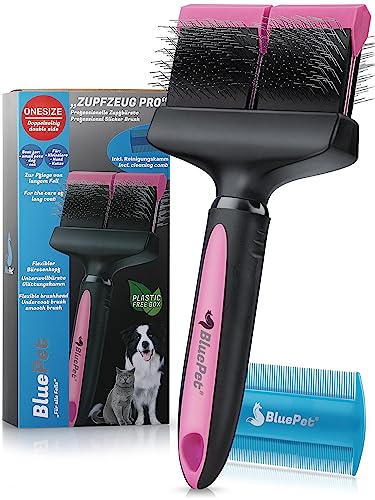 BluePet ZupfZeug Pro - Brosse professionnelle à poils longs et flexible pour chiens et chats - Élimine en douceur le sous-poil - Les nœuds et les nœuds (double tête rose)