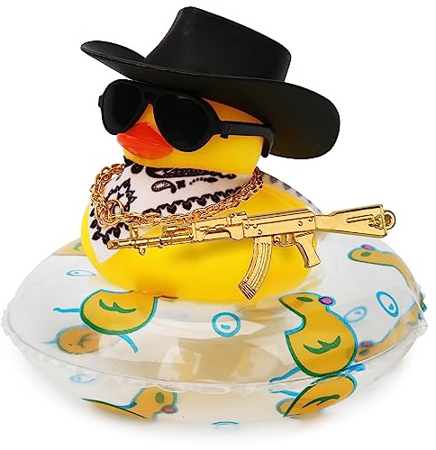 LUTER Ente für Auto, Gummi Ente für Auto Armaturenbrett Quietschend Ente Badespielzeug Spaß Cowboy Ente Autozubehör Auto Armaturenbrett Dekorationen mit Schwimmring Mütze Brille(Style 3)