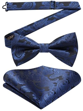 HISDERN Dunkelblau Fliege Herren mit Einstecktuch Set Einfarbig Verstellbar Vorgebundene Paisley Fliege fur Smoking,Hochzeit...