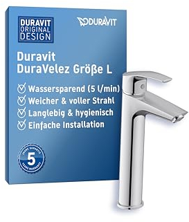Duravit DuraVelez wassersparende Waschtischarmatur, Größe L (Auslauf Höhe 129 mm), Waschbecken Armatur, Wasserhahn Bad ohne Zugstangen-Ablaufgarnitur, Chrom