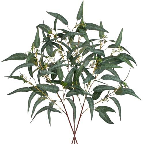 3 plantas de plástico de hojas de eucalipto artificiales verdes, tallo largo de 34 pulgadas, ramas de eucalipto falsas con frutas, arreglo verde de imitación para decoración de primavera, decoración