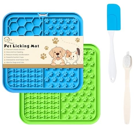 Licky Mats for Dogs Pack of 2 Licky Mats for Dogs with Strong Suction Cup - Slow Pet Feeder for Food, Peanut Butter Includes Spatula & Brush - Perfect for Grooming & Training (Blue/Green)