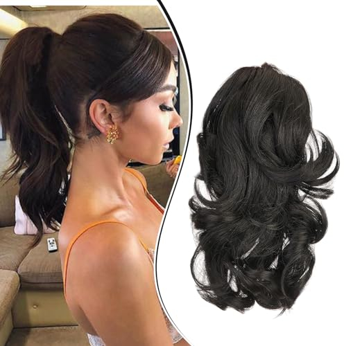 Dcbaboo Pferdeschwanz Haarteil Zopf Extension mit Klammer Wellige Kurz Ponytail Extensions Haarverlängerung Clip Synthetik Gewellte Pferdeschwanz Haarextension Zopf, 30cm Dunkelbraun