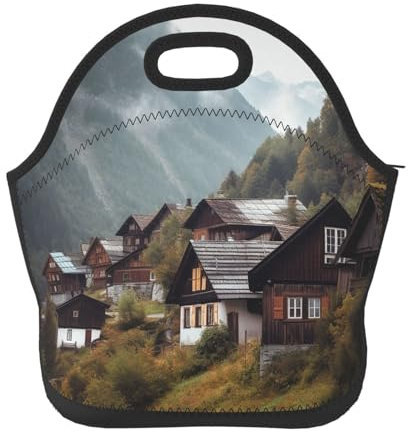 Bolsa de almuerzo de neopreno para mujeres y hombres, casas vintage en las montañas, lonchera aislada, bolsa de almuerzo portátil, bolsa de almuerzo reutilizable, lavable, lonchera de viaje, picnic,