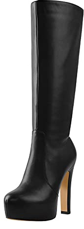 MissHeel Plateau Stiefel Langschaft Stiefel Blockabsatz Runde Zehen High Heels