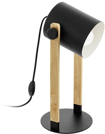 EGLO Lampada da tavolo Hornwood, lampada vintage con design industriale, certificazione FSC, stile rétro in acciaio e legno, colore: nero, crema, marrone, attacco E27, incluso interruttore