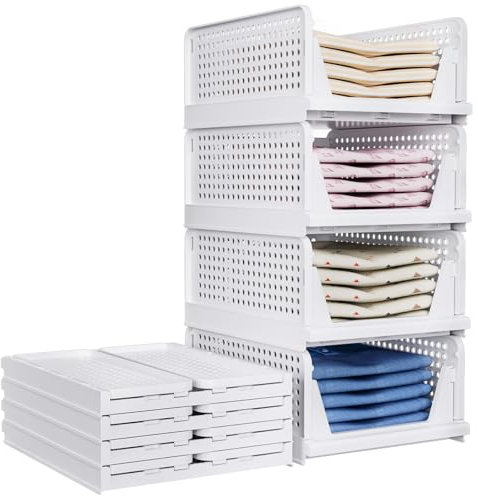 TidyIsles 8 Pack Plastic Folding Closet Stackable Storage Basket Closet Storage White