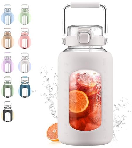 WINSA 84oz Glass Water Bottle with Stainless Steel Handle,2.5L Gallon Water Bottle with 2-IN-1 Straw Lid, Silicone Sleeve and Motivational Capacity Marker, Wide Mouth Water Jug For Gym, Workout, White