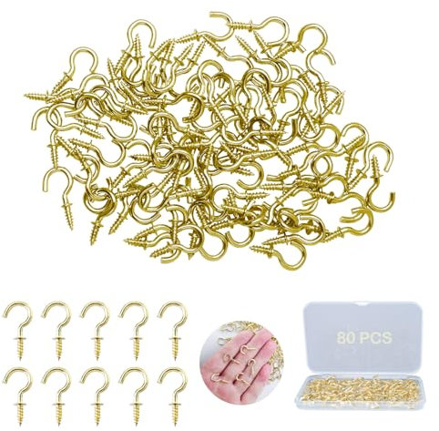 ZFKXGS 80 PZ Ganchos para Colgar Pequeño 1/2'' Ganchos de Tornillo Dorado Gancho de Rosca Ganchos de Techo Atornillables Gancho de Pared Metal para Colgar Planta Gabinete Luces Colgante Llave con Caja