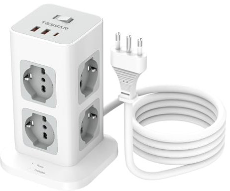 TESSAN Ciabatta Multipresa con USB 20W, Ciabatta Elettrica con 8 Prese IT 16A, Torretta Multipresa Protezione Sovratensione con Interruttore e Prolunga Elettrica 2 Metri, 3680W Presa, Girgio