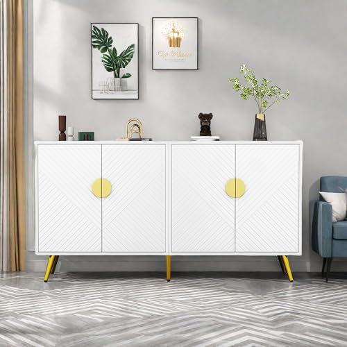 Wyibwy Modernes Sideboard mit 4 Türen und 2 verstellbaren Einlegeböden, weißes Sideboard mit diagonalen Streifen, für Wohnzimmer, Flur, Esszimmer, Anrichte Wohnzimmer 140 x 40 x 75 cm, weiß